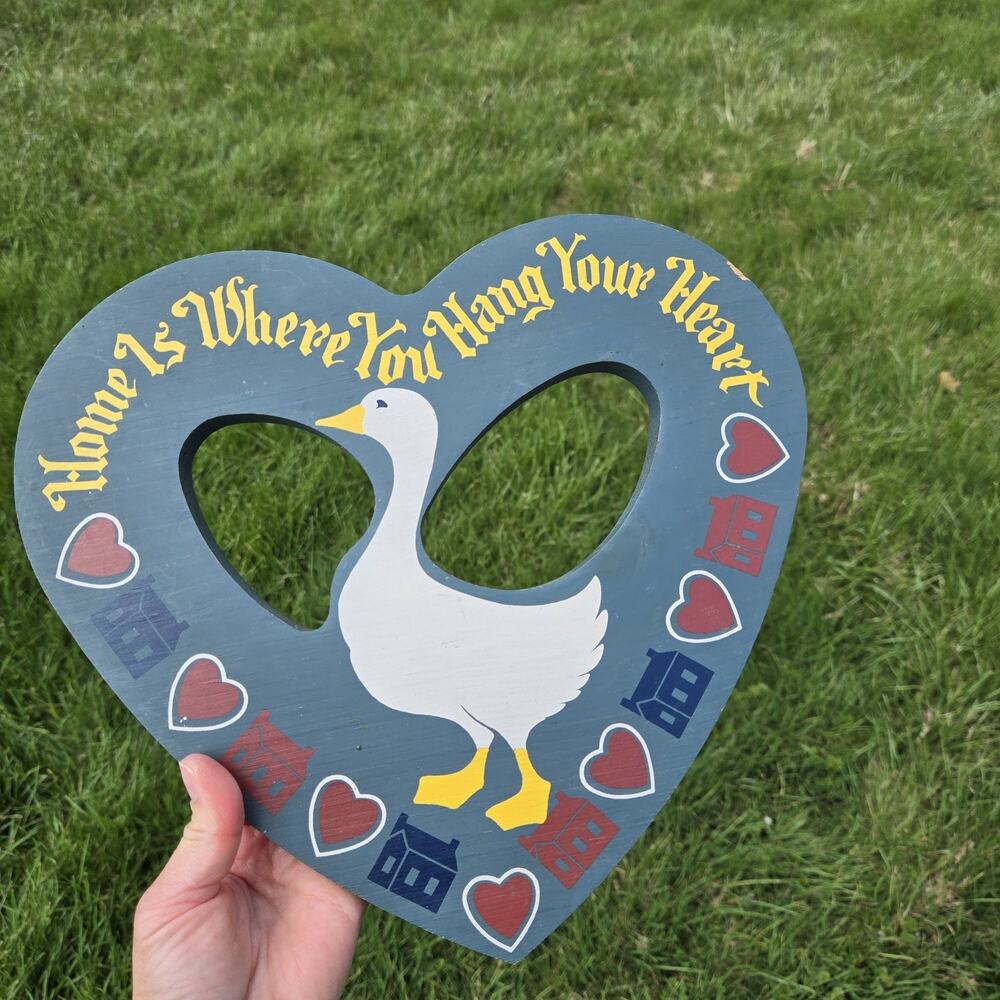 Vintage Goose Hand Painted Wood Heart Farmhouse Wall Decor HOME IS WHERE YOUR ..